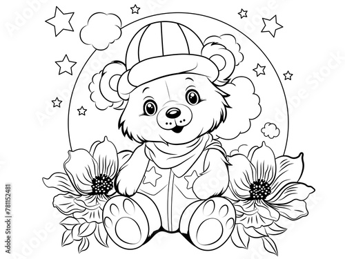 Cute toy bear in cap and gilet sits among flowers, children's minimalistic colouring, black and white lines