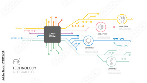 Infographic Circuit board technology template. 4 step design, digital marketing data, presentation vector infographics.