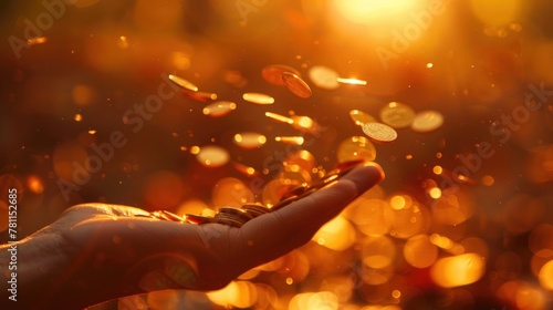 A dynamic shot capturing the motion of coins falling into a person's hand, their skin tone complementing the warm orange tones of the background. photo