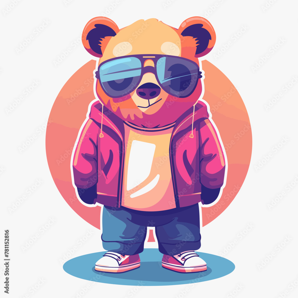 A cartoon bear wearing sunglasses and a red jacket. The bear is standing on a blue background. Scene is fun and playful A cartoon bear wearing sunglasses and a red jacket. The bear is standing on a blue background. Scene is fun and playful