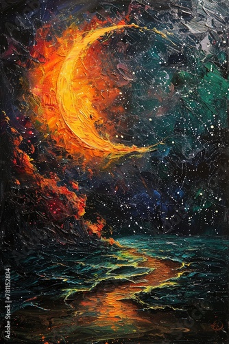 Space mysterious themed abstract of stars, moon, and celestial, palette knife oil painting, on a richly colored background with dynamic lighting