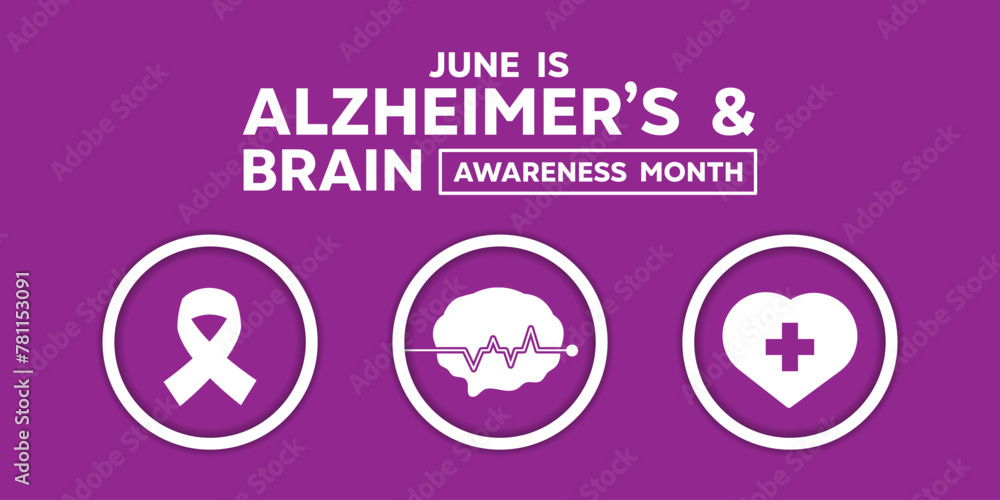 Alzheimers and Brain Awareness Month. Ribbon, brain and heart . Great for cards, banners, posters, social media and more. Purple background.