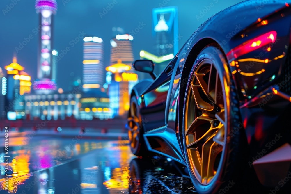 A car is parked on a street in front of a bustling city at night, with bright lights illuminating the urban landscape, A sports car with a city skyline reflected in its windows, AI Generated