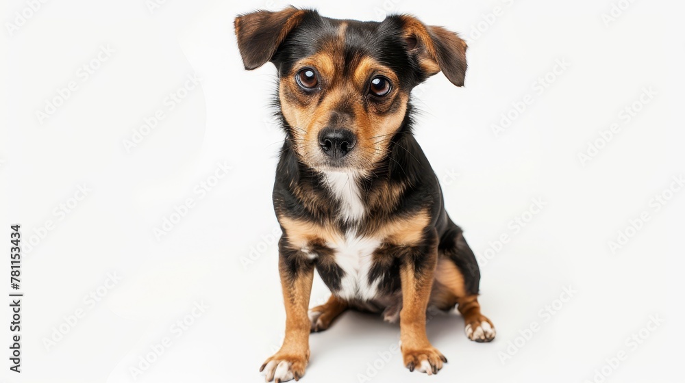 A small cute brown and white mixed breed rescue dog sits in front of a white background and looks forward