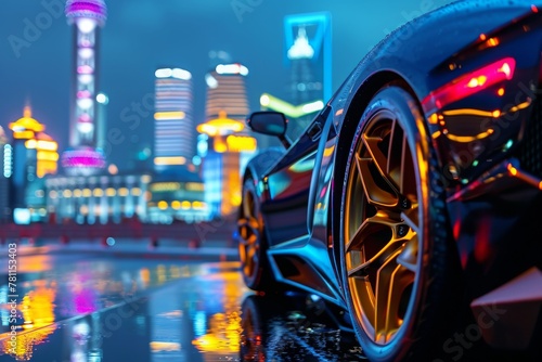 A car is parked on a street in front of a bustling city at night, with bright lights illuminating the urban landscape, A sports car with a city skyline reflected in its windows, AI Generated © Ifti Digital