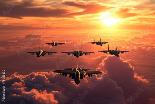 A formation of airplanes flying through dense clouds in the sky, A squadron of fighter aircraft in a sunset sky, AI Generated photo