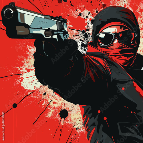 A crime man is holding a gun and wearing a black scarf. The image is red and black with splatters of paint. Scene is intense and violent