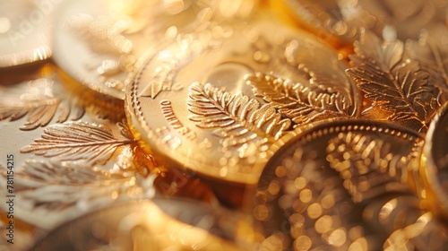 A macro shot capturing the intricate details of a gold coin set against a creamy white backdrop, highlighting its texture and shine.