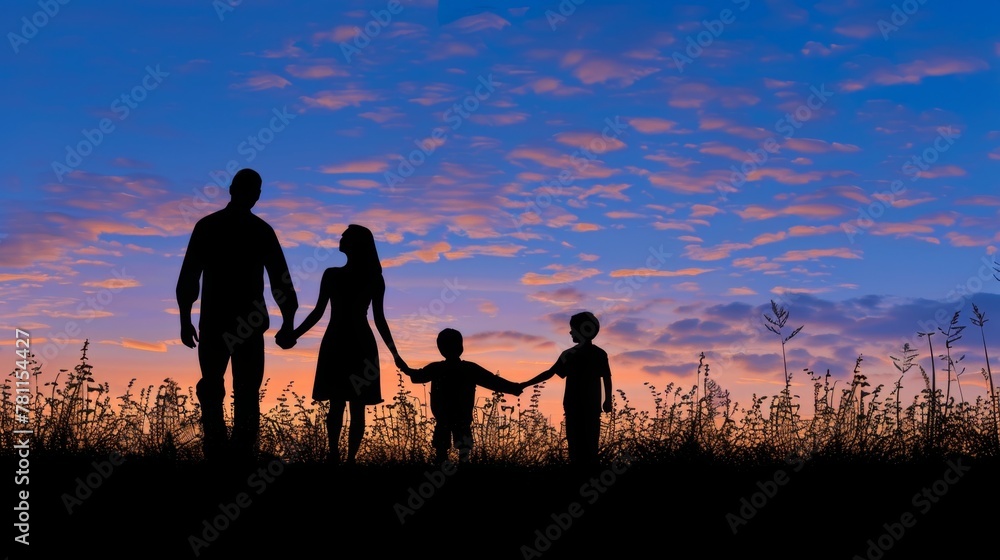 Amidst the golden hues of twilight, a family forms a united silhouette, hands intertwined. Love radiates, binding them in a tapestry of togetherness.
