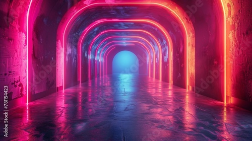 Neon tunnel with vibrant pink and blue lights