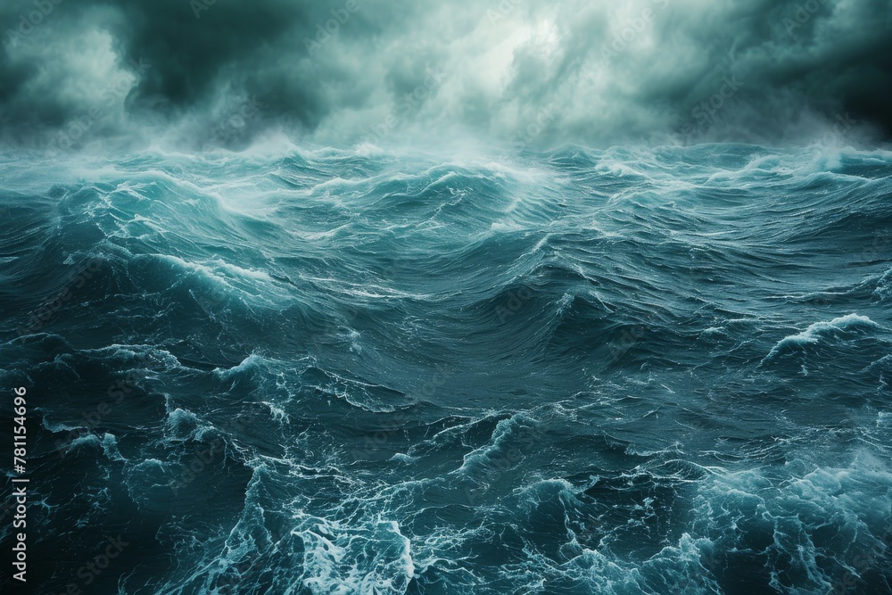 The photo captures a large expanse of water as powerful waves crash against its surface, A stormy sea portraying the tumultuous journey of opioid addicts, AI Generated