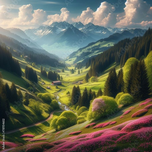 Serene Springtime: Idyllic Mountain Landscape in the Alps, Adorned with Blooming Meadows