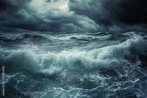 A large body of water is surrounded by dark storm clouds, creating a dramatic and intense atmosphere, A stormy sea portraying the tumultuous journey of opioid addicts, AI Generated © Ifti Digital