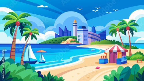 Sentosa-beach-overseeing-a-blue-horizon vector illustration 