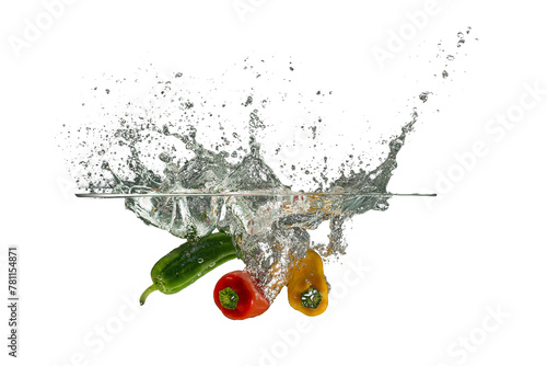 Mix of vegetable pieces red green and chili capsicum in water splash and falling into water high quality PNG