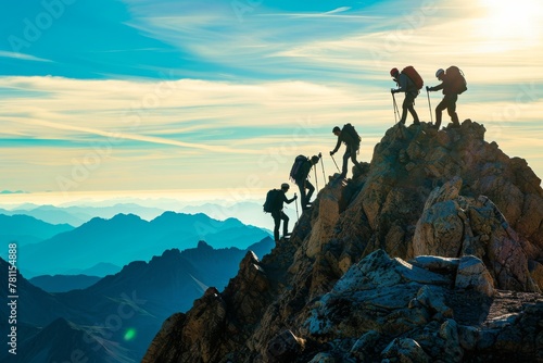A determined group of climbers making their way up the steep slopes of a mountain, scaling rocks and overcoming obstacles, A strong show of teamwork between hikers facing a mountain top, AI Generated
