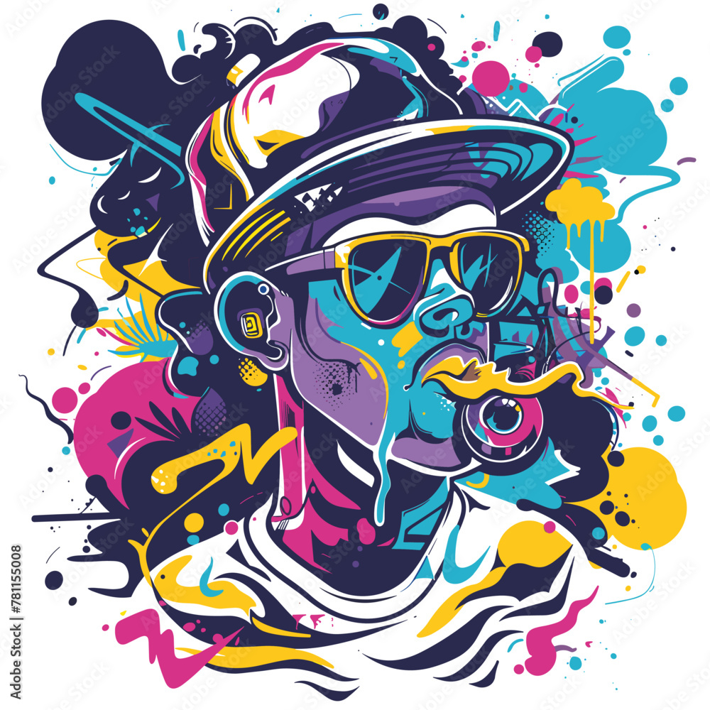 A man with a hat and sunglasses is blowing bubbles. The bubbles are colorful and the man is surrounded by a lot of paint splatters. Scene is playful and fun