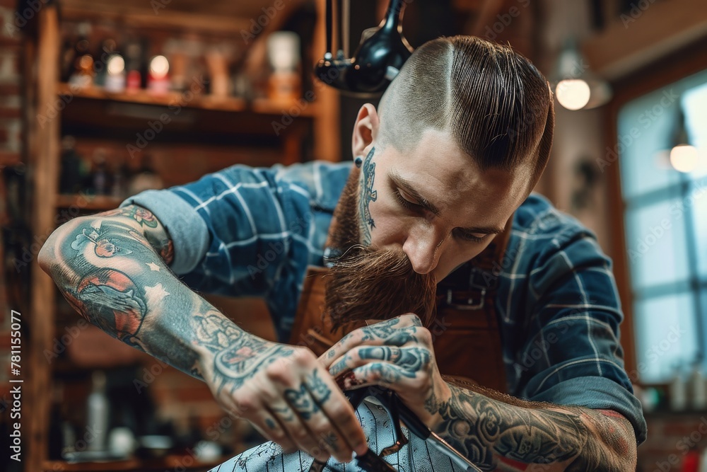 Man With Beard and Tattoos Shaving His Hair, A style-forward hairdresser with several tattoos working on a hipster haircut, AI Generated