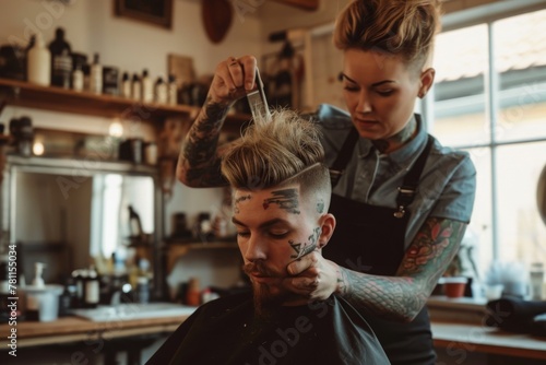 A woman expertly cutting a mans hair in a busy barber shop filled with customers, A style-forward hairdresser with several tattoos working on a hipster haircut, AI Generated