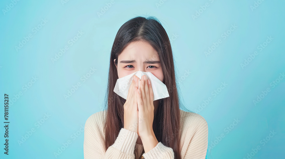 Pretty girl is Sneezing into a tissue because of her allergy or cold on pastel blue background Pretty girl is Sneezing into a tissue because of her allergy or cold on pastel blue background