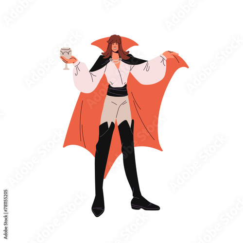 Dracula cosplay for Halloween party. Spooky vampire costume for Helloween masquerade. Scary bloodsucker character with cup of blood. Suit for carnival. Flat isolated vector illustration on white