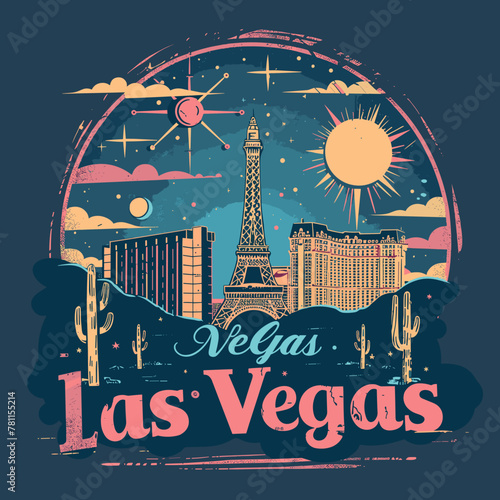 A colorful drawing of Las Vegas with a sun and a tall tower. The drawing is of a cityscape with a large building in the center