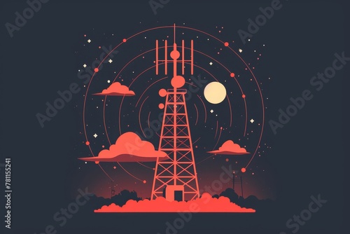 An illustration featuring a tower in the sky with a red and black color scheme, A stylized picture of a repeater boosting wireless signal, AI Generated photo