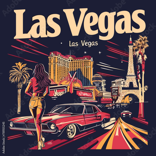 A woman is walking down a street in Las Vegas. The city is full of cars and buildings