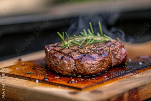 A succulent steak rests on a sturdy wooden cutting board, garnished with a fragrant sprig of rosemary, A succulent, medium-rare steak sizzling on a wooden chopping board, AI Generated