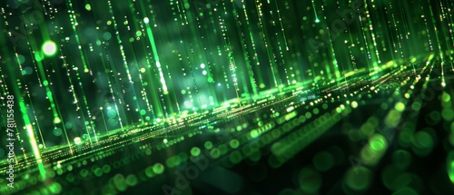 An abstract visualization of digital data with green light streams representing fiber optics or network connections.