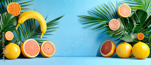 Creative Flat Lay of Citrus Fruits Including Oranges and Lemons, Artfully Sliced and Arranged on a Blue Background