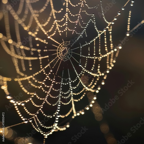 A close-up of dewdrops on a spider web in the early morning light