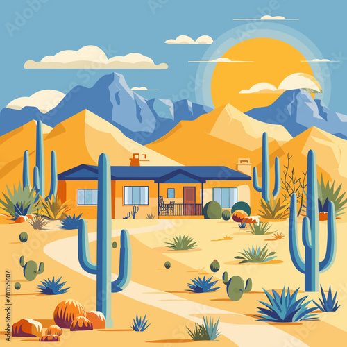 A house is in the middle of a desert with Arizona mountains in the background