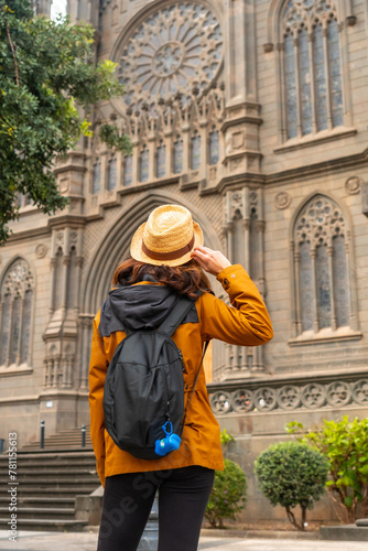 A tourist visiting the Church of San Juan Bautista, Arucas Cathedral, Gran Canaria, Spain.