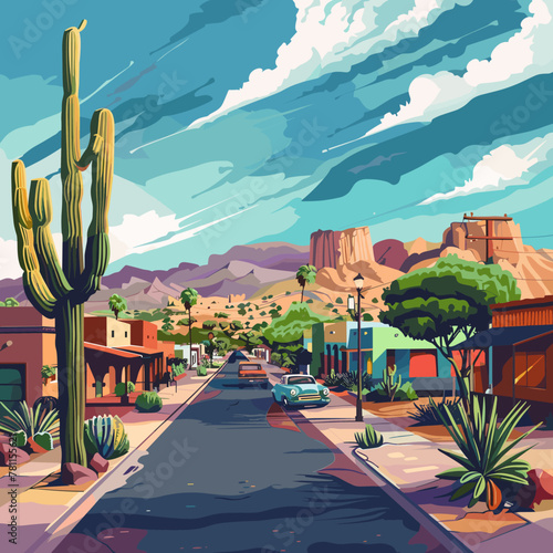 A painting of a Arizona desert town with a car driving down a street. The mood of the painting is peaceful and serene