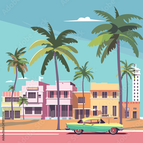 A car is parked on a Florida street in front of a building with a palm tree in the background. The scene is set in a tropical city with colorful buildings and palm trees