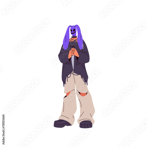 Cosplay of mad bunny for Halloween carnival. Murderer character suit with knife in hands. Person wears spooky hare mask on Helloween masquerade. Flat isolated vector illustration on white background