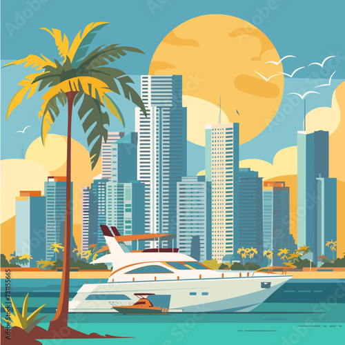 A white boat is docked in the water next to a palm tree. The Florida city skyline in the background is illuminated by the sun