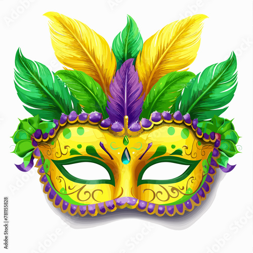 A colorful Mardi Gras mask with feathers and a yellow and purple design. The mask is drawn in a cartoon style