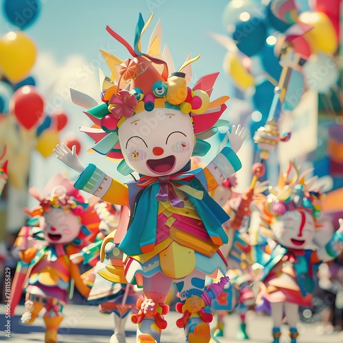Playful visuals of cartoon characters in a parade