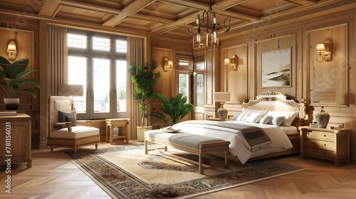 Bedroom interior with wooden furniture