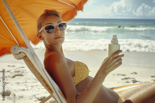 Sunny beach scene with a woman holding sunscreen, embodying summer leisure and skincare awareness