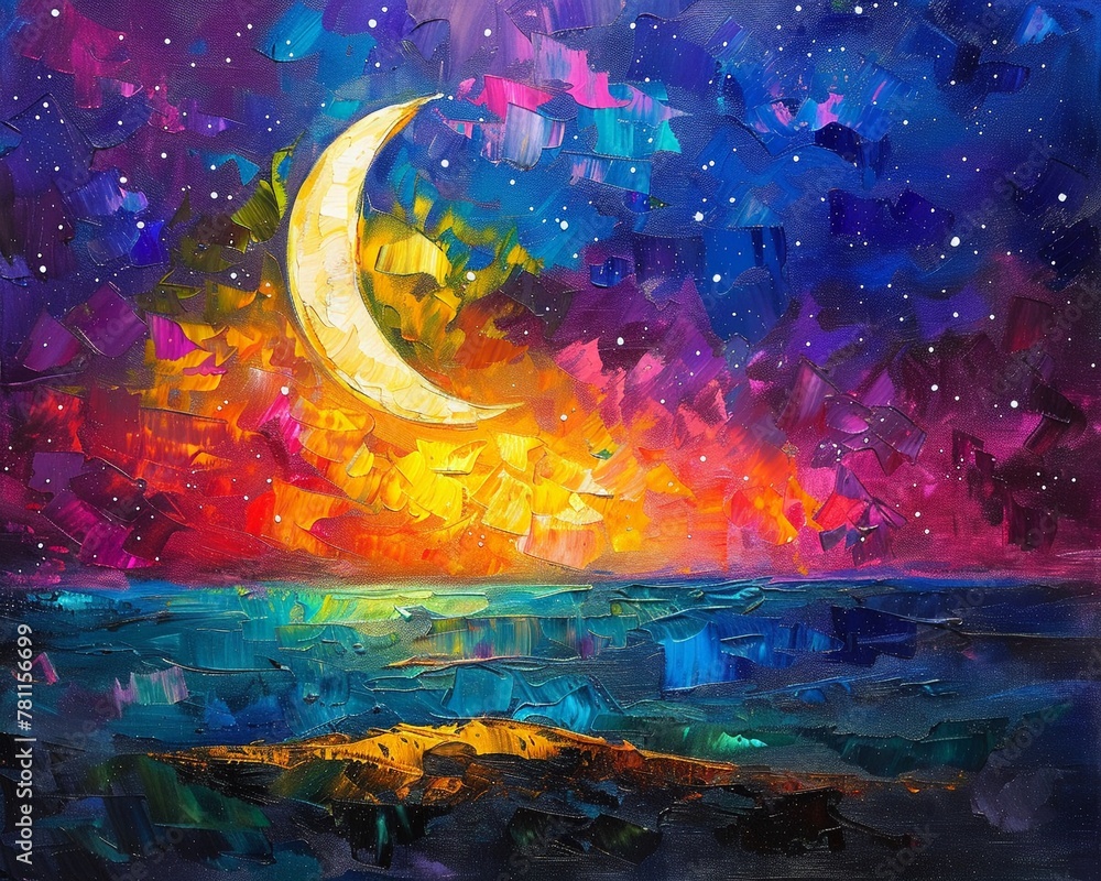 Abstract oil painting of stars, moon, and celestial bodies, space mysterious theme, vibrant colors, palette knife, on a colorful background with dramatic lighting