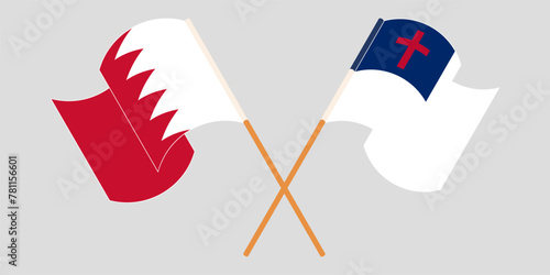 Crossed and waving flags of Bahrain and christianity