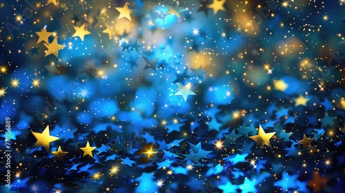 Shimmering glittering blue and yellow stars lit by light festive background