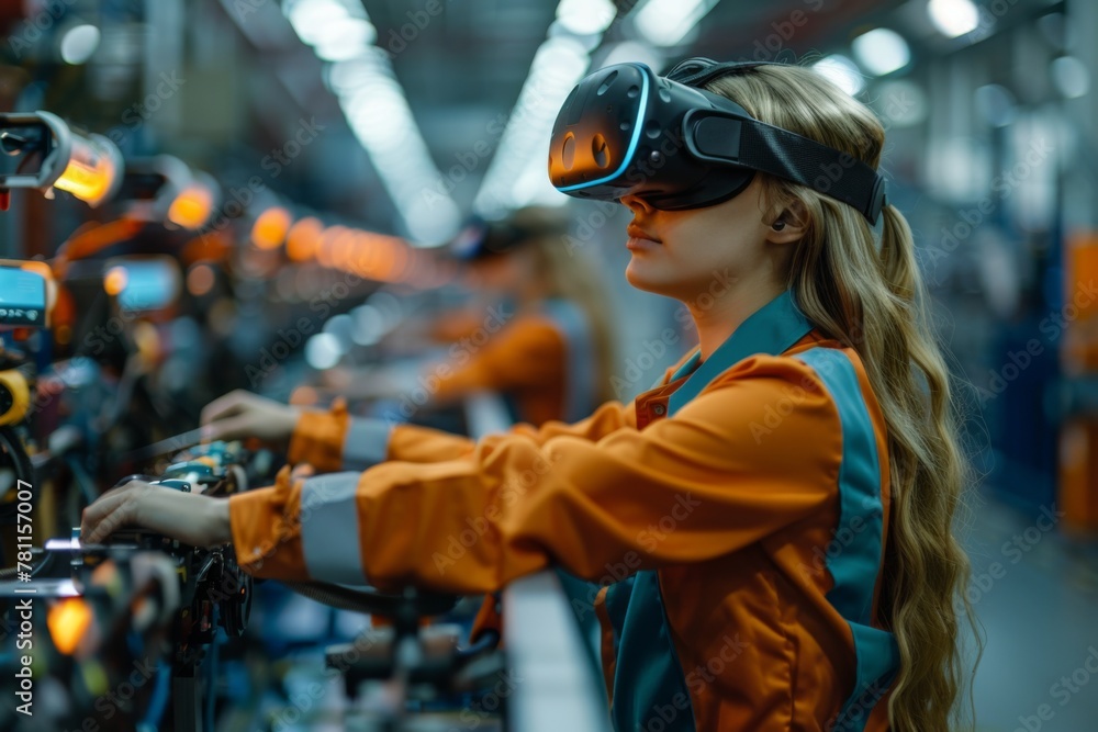 A woman in a safety vest uses a virtual reality headset, engrossed in a high-tech simulation in an industrial setting. A woman in a safety vest uses a virtual reality headset, engrossed in a high-tech simulation in an industrial setting.