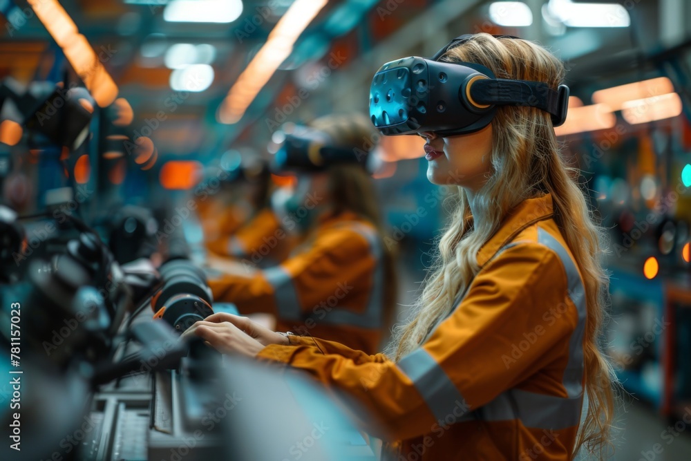 A woman in a safety vest uses a virtual reality headset, engrossed in a high-tech simulation in an industrial setting.