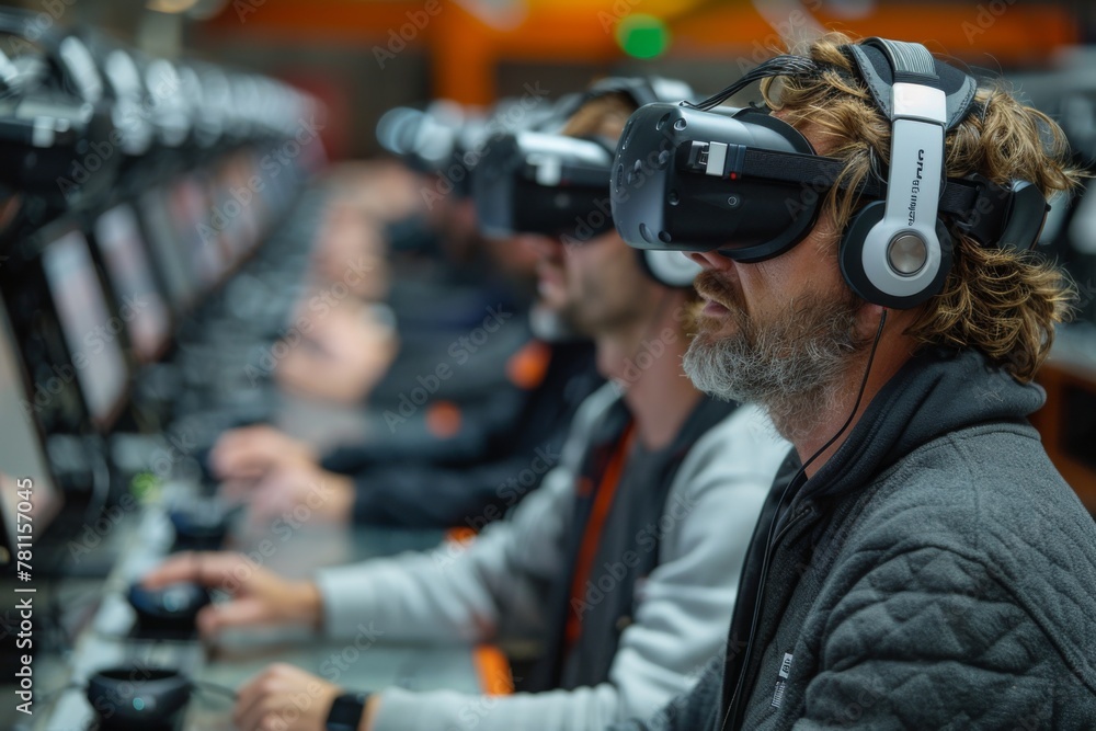 A man with curly hair experiences virtual reality, wearing a VR headset and headphones, immersed in a simulated environment. A man with curly hair experiences virtual reality, wearing a VR headset and headphones, immersed in a simulated environment.