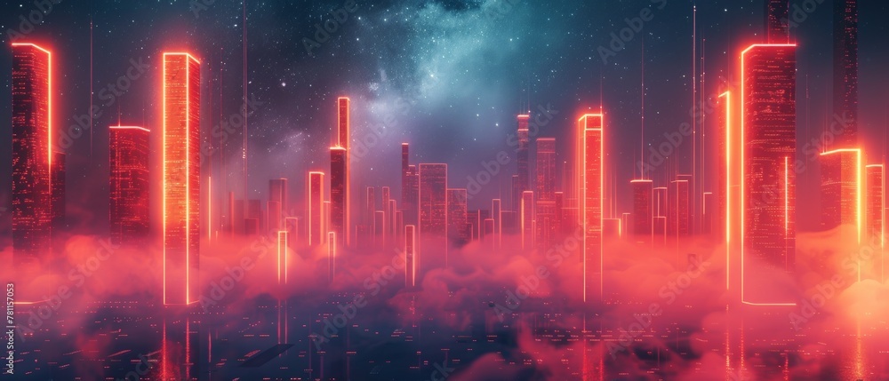 Futuristic neon cityscape with reflection in water and stars in the sky