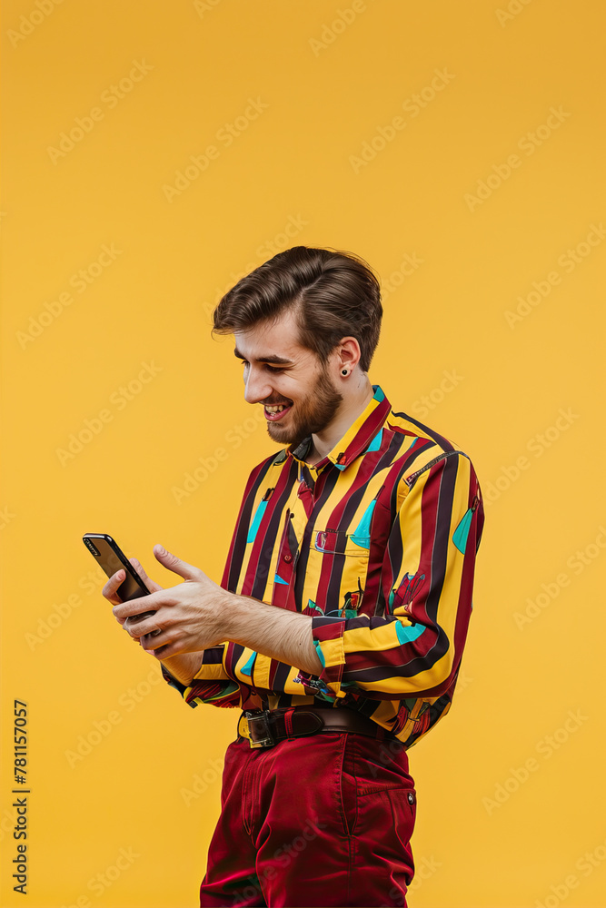 A man on a yellow background looks into a smartphone
A man on a yellow background looks into a smartphone